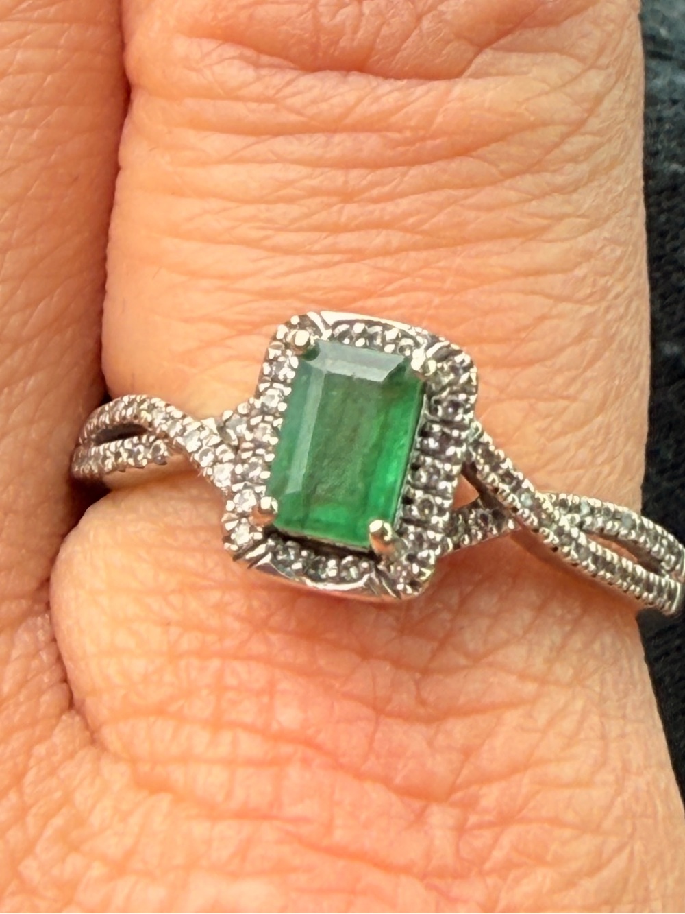 ✨Vintage 10KT White Gold Natural Emerald Diamond Paved Ring Sz 8 1/2